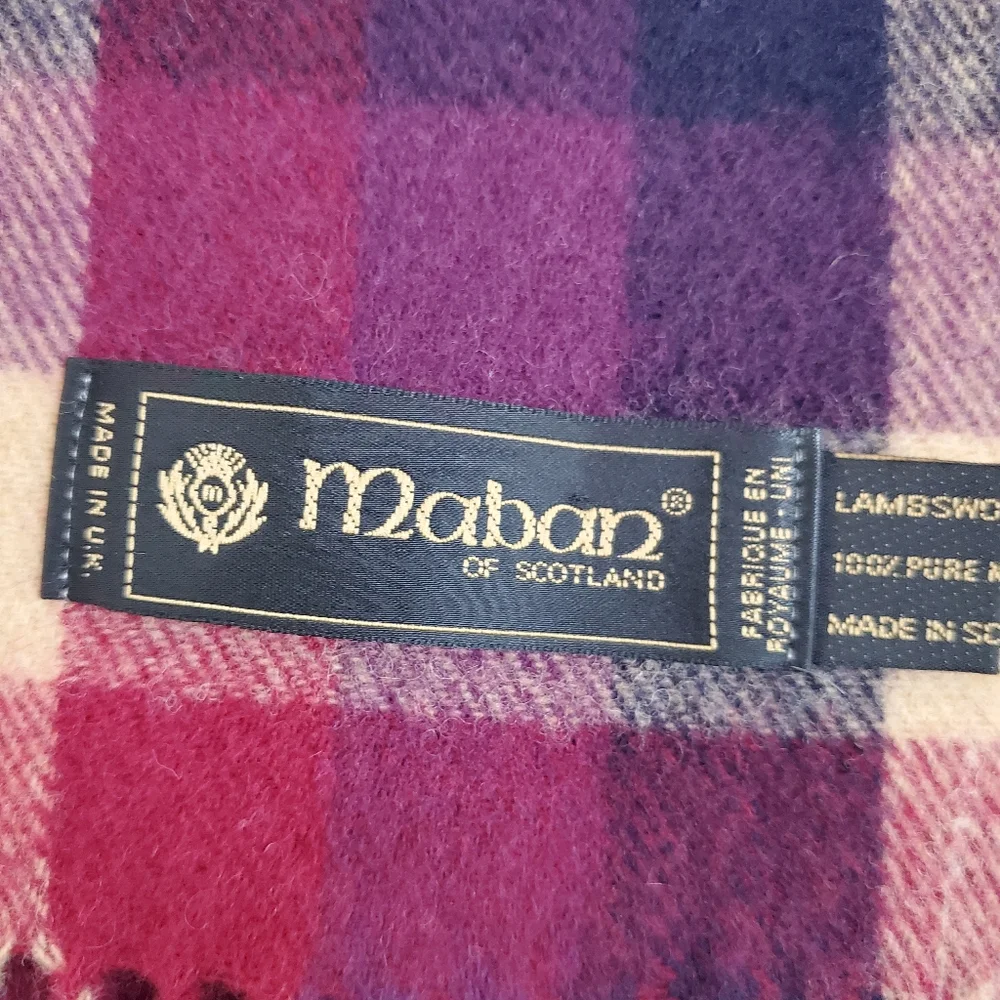 Maban of Scotland Plaid Fringe Scarf Pure New Lambswool Burgundy Black Tan
